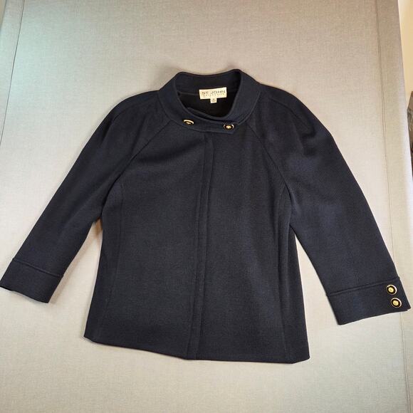 St. John Collection Navy Knit Jacket Women’s Size 10 Gold Button Zip Front USA - Picture 1 of 16
